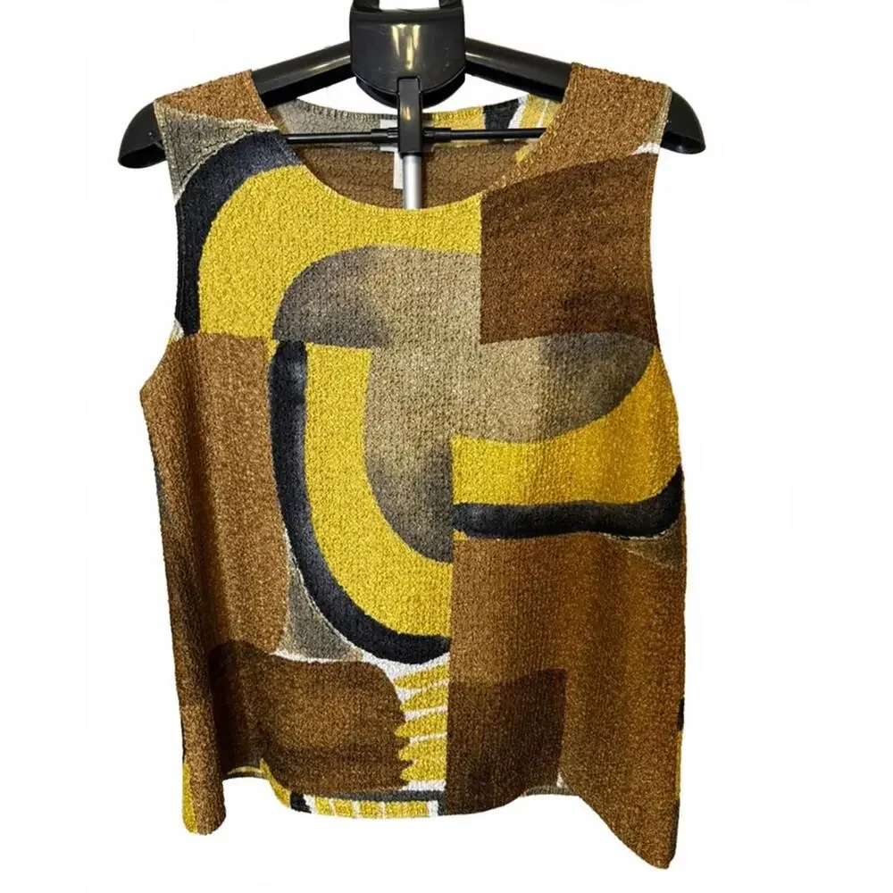 CHICOS CAMI & JACKET TWINSET 2 ABSTRACT BROWN & GOLD BLOUSE 3/4 SLEEVE 12 L NWOT - Picture 5 of 8